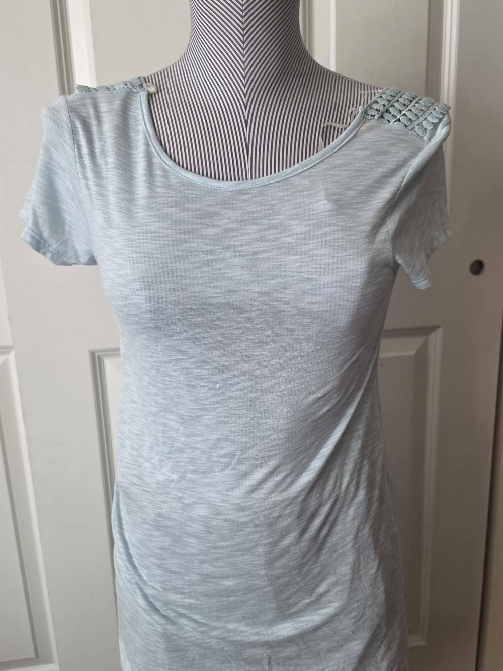 Light Blue Short-Sleeve Knit Top with Shoulder Detail